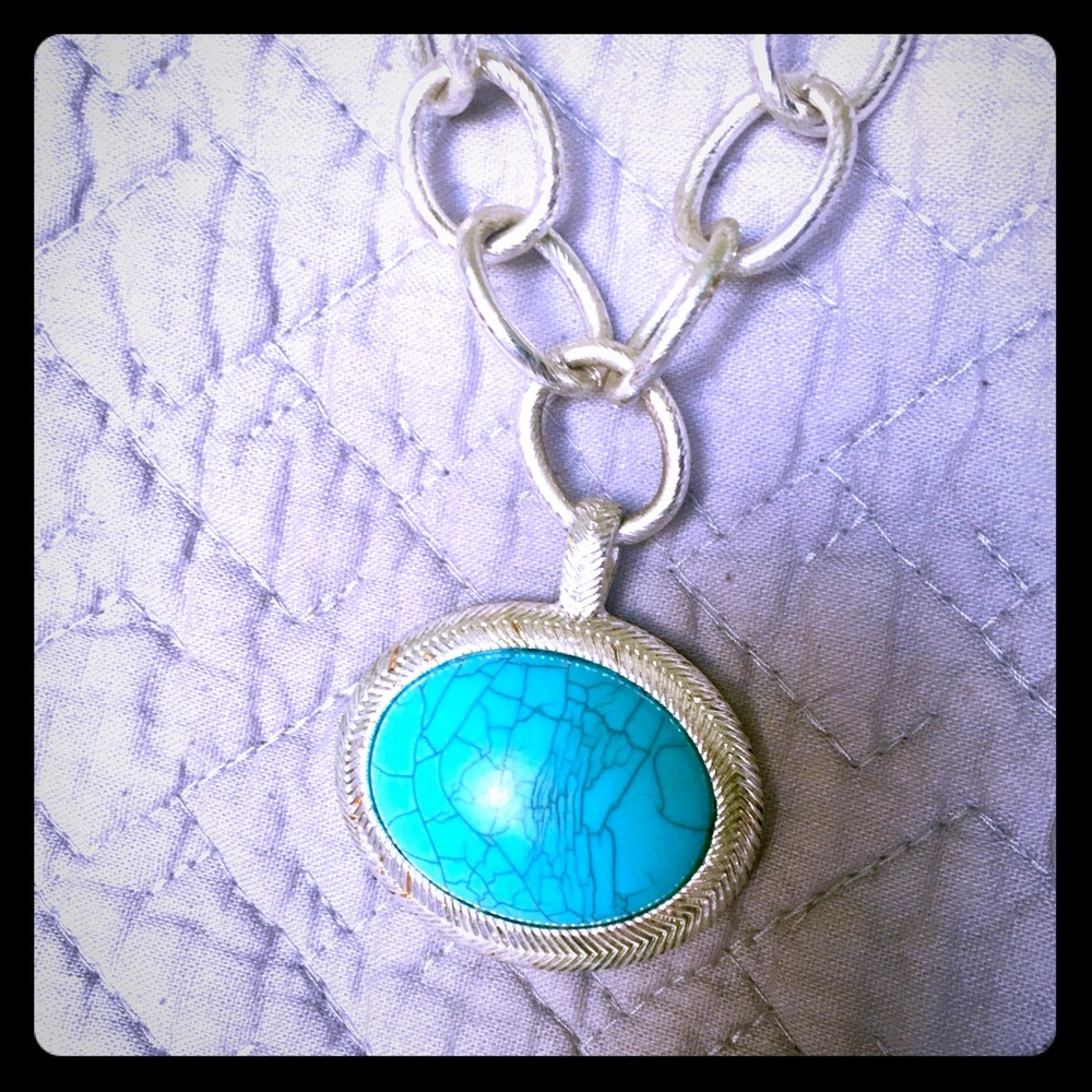 Trifari Silver Faux Turquoise Necklace.
